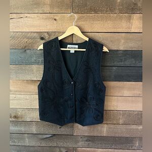 Vintage 90s Body Xpressions Black Wool Blend Vest Floral Embroidered Boho Size S